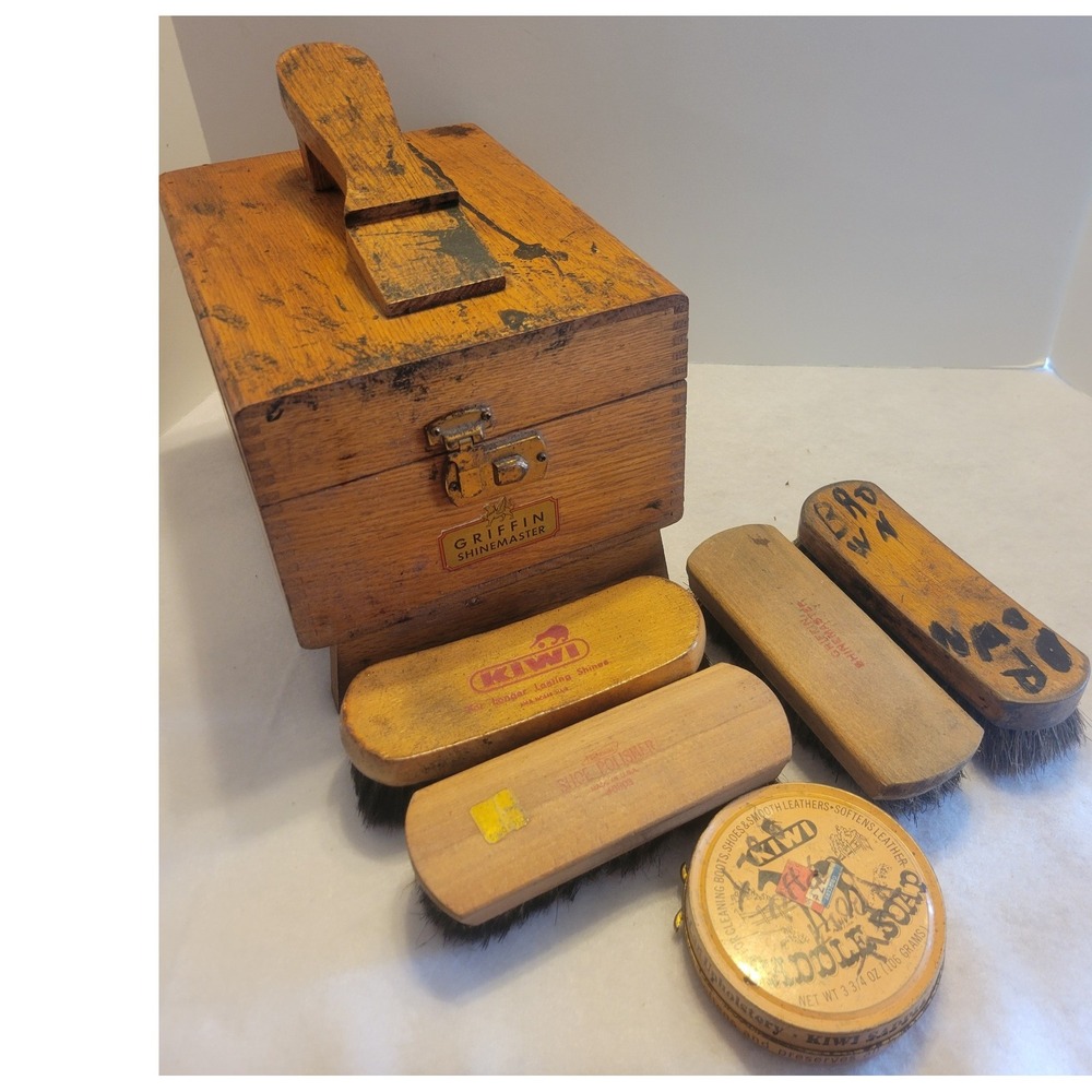 Vtg Griffin Shinemaster Shoe Shine Kit Wooden Valet Box 4 Brushes Polish Tin